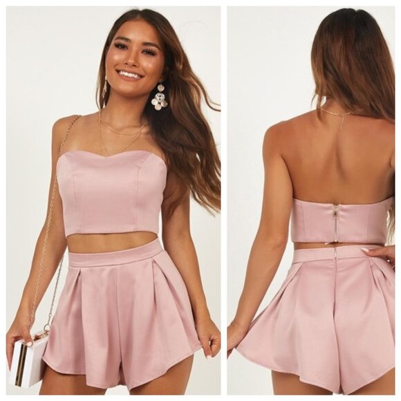 Showpo Blush Mauve Pink Satin Strapless Crop Top & Flared Short Co Ord Set - Picture 1 of 5